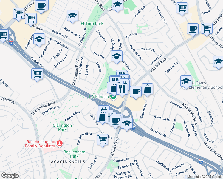 map of restaurants, bars, coffee shops, grocery stores, and more near 25162 Charlinda Drive in Mission Viejo