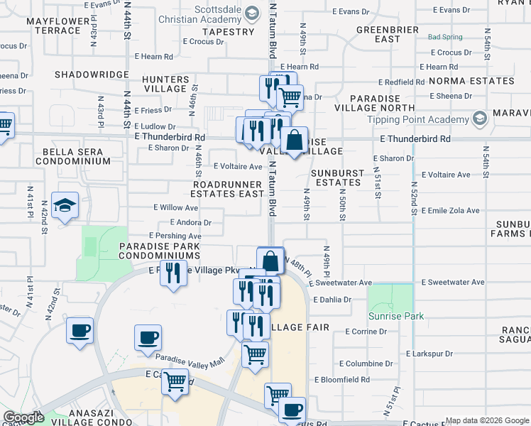 map of restaurants, bars, coffee shops, grocery stores, and more near 4731 East Willow Avenue in Phoenix