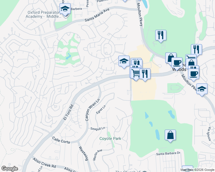 map of restaurants, bars, coffee shops, grocery stores, and more near 24 Bluebird Lane in Aliso Viejo