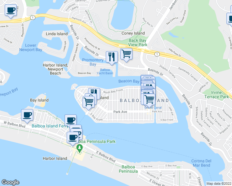 map of restaurants, bars, coffee shops, grocery stores, and more near 319 Diamond Avenue in Newport Beach