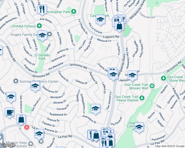 map of restaurants, bars, coffee shops, grocery stores, and more near 24461 Quintana Drive in Mission Viejo