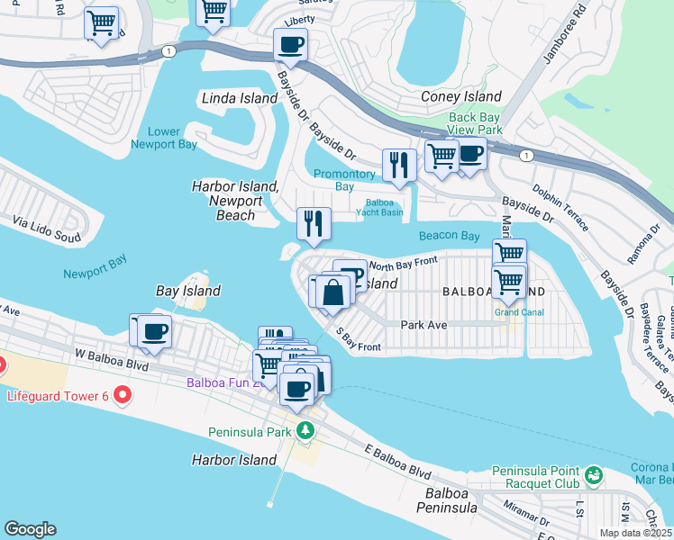 map of restaurants, bars, coffee shops, grocery stores, and more near 2 Garnet Avenue in Newport Beach