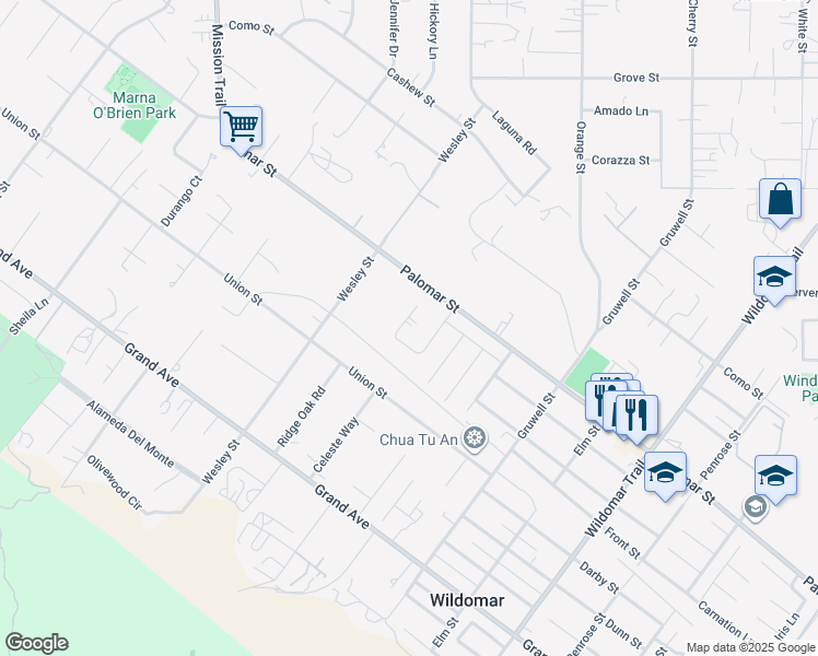 map of restaurants, bars, coffee shops, grocery stores, and more near 32600 Jensen Lane in Wildomar