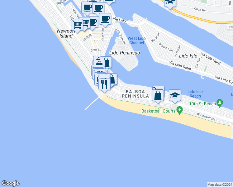 map of restaurants, bars, coffee shops, grocery stores, and more near 1905 West Balboa Boulevard in Newport Beach