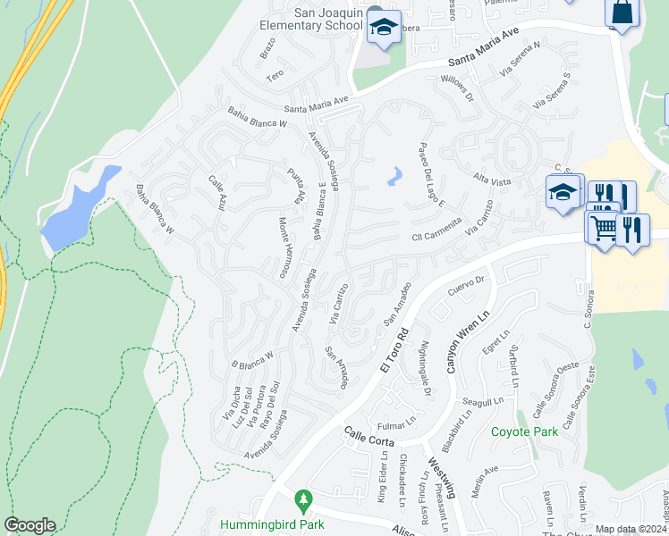 map of restaurants, bars, coffee shops, grocery stores, and more near 3321 Via Carrizo in Laguna Woods