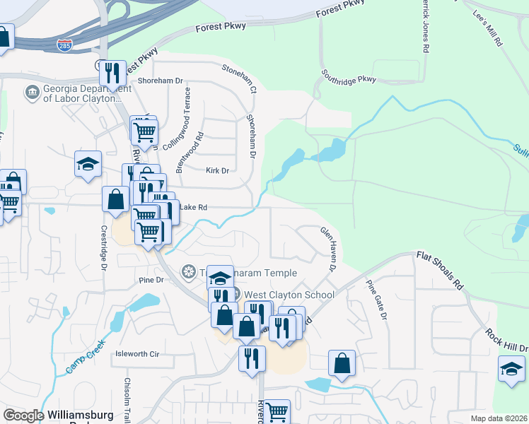 map of restaurants, bars, coffee shops, grocery stores, and more near 1194 Crystal Lake Road in Atlanta