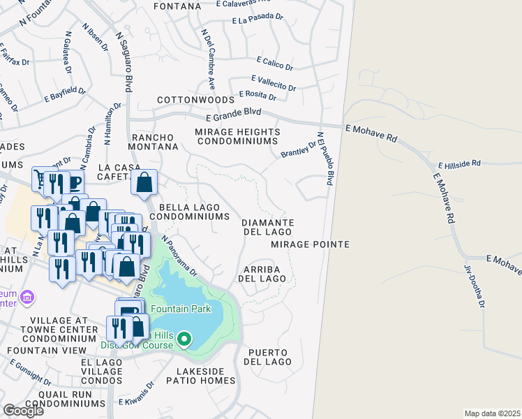 map of restaurants, bars, coffee shops, grocery stores, and more near Lake Overlook Trail in Fountain Hills