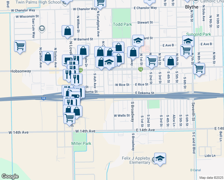 map of restaurants, bars, coffee shops, grocery stores, and more near 229 South Main Street in Blythe