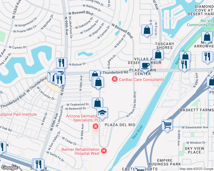 map of restaurants, bars, coffee shops, grocery stores, and more near 13619 North 94th Drive in Peoria