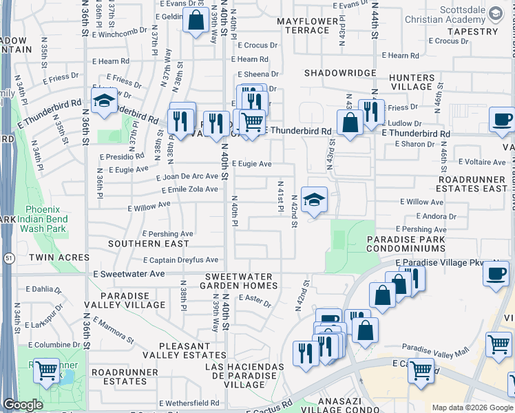 map of restaurants, bars, coffee shops, grocery stores, and more near 12220 East Andorra Drive in Phoenix