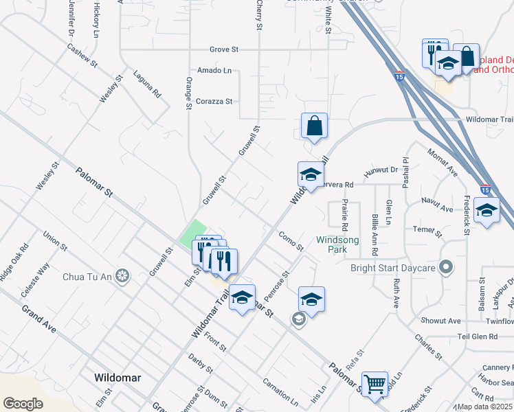map of restaurants, bars, coffee shops, grocery stores, and more near 32045 Deseret Court in Wildomar
