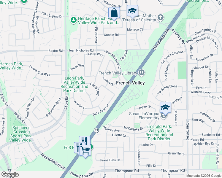 map of restaurants, bars, coffee shops, grocery stores, and more near 31355 Bermuda Street in Winchester