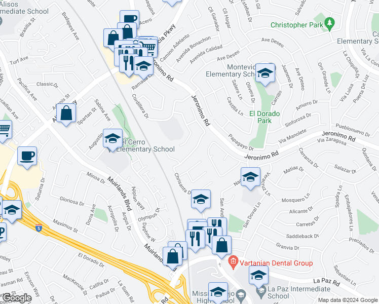 map of restaurants, bars, coffee shops, grocery stores, and more near 24461 Chrisanta Drive in Mission Viejo