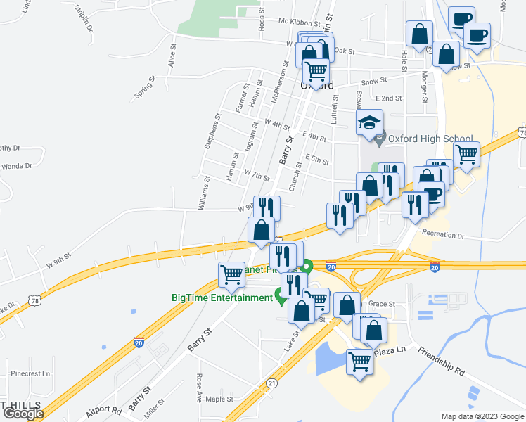 map of restaurants, bars, coffee shops, grocery stores, and more near 1336 Barry Street in Oxford