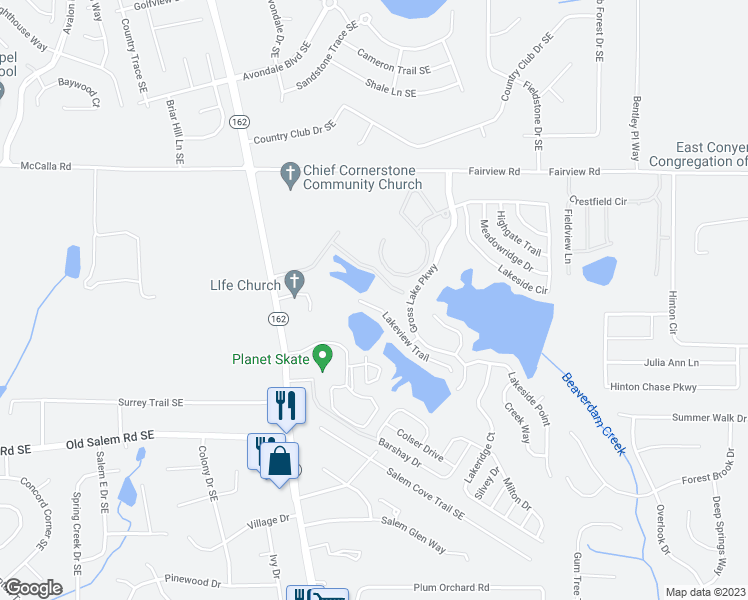 map of restaurants, bars, coffee shops, grocery stores, and more near 40 Lakeview Trail in Covington