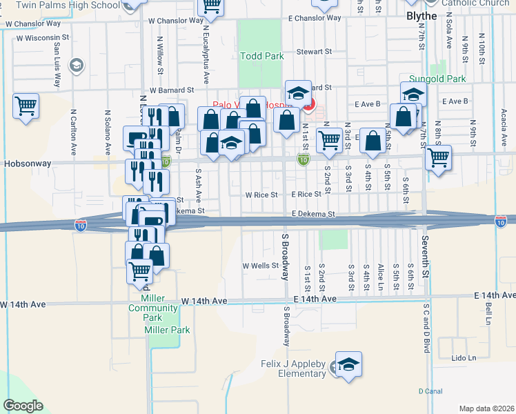 map of restaurants, bars, coffee shops, grocery stores, and more near 225 South Spring Street in Blythe