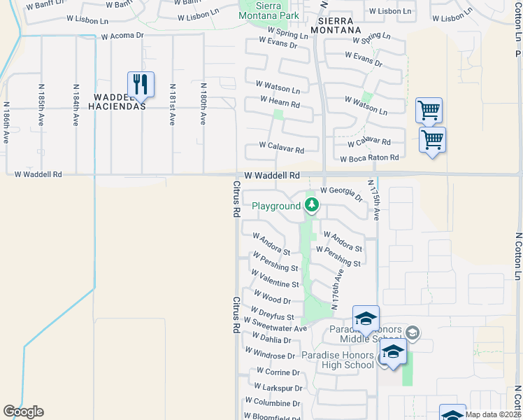 map of restaurants, bars, coffee shops, grocery stores, and more near 17862 West Alexandria Way in Surprise