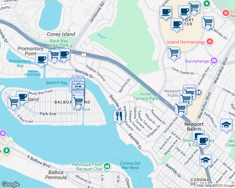 map of restaurants, bars, coffee shops, grocery stores, and more near 1601 Bayside Drive in Newport Beach