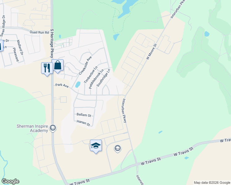 map of restaurants, bars, coffee shops, grocery stores, and more near 1920 Ridgecrest Lane in Sherman