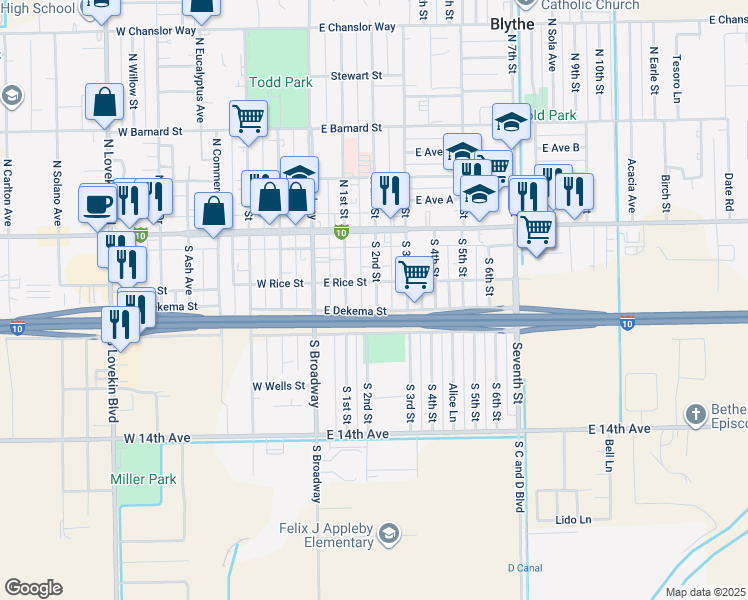 map of restaurants, bars, coffee shops, grocery stores, and more near South 2nd Street in Blythe
