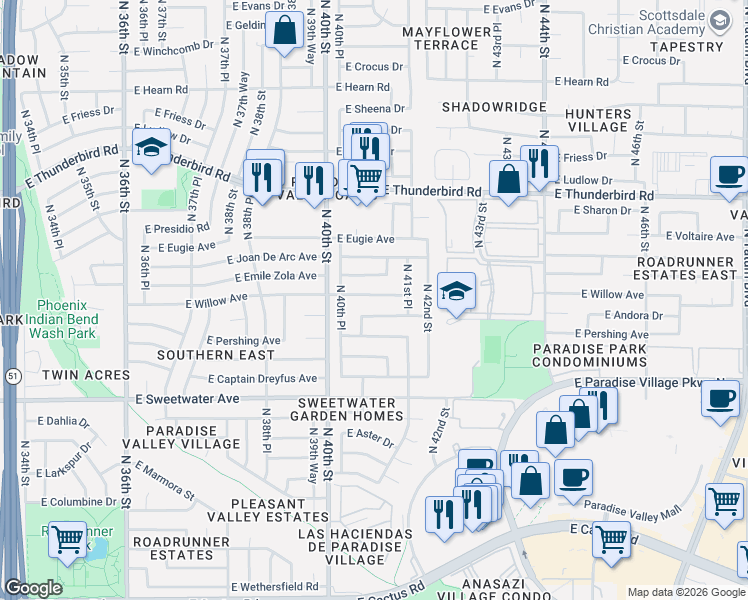 map of restaurants, bars, coffee shops, grocery stores, and more near 12220 East Andorra Drive in Phoenix