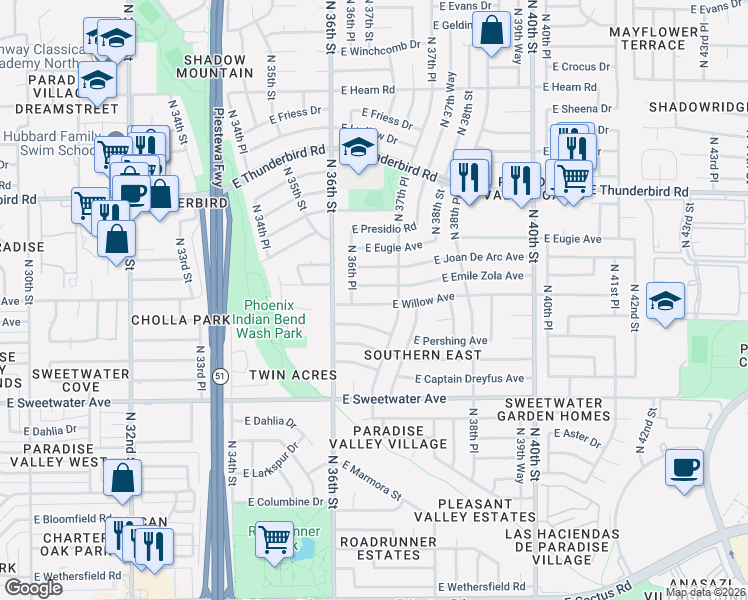 map of restaurants, bars, coffee shops, grocery stores, and more near 3623 East Willow Avenue in Phoenix