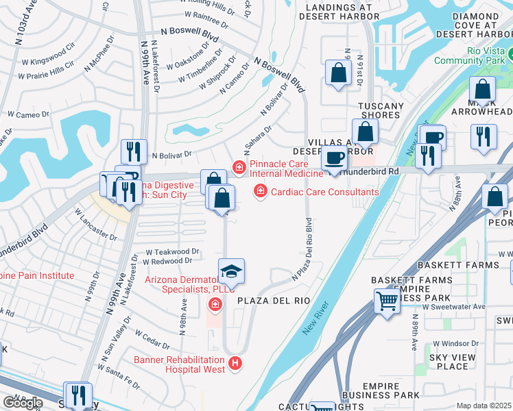 map of restaurants, bars, coffee shops, grocery stores, and more near 13634 North 93rd Avenue in Peoria