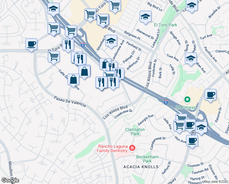 map of restaurants, bars, coffee shops, grocery stores, and more near 24351 Avenida De La Carlota in Laguna Hills