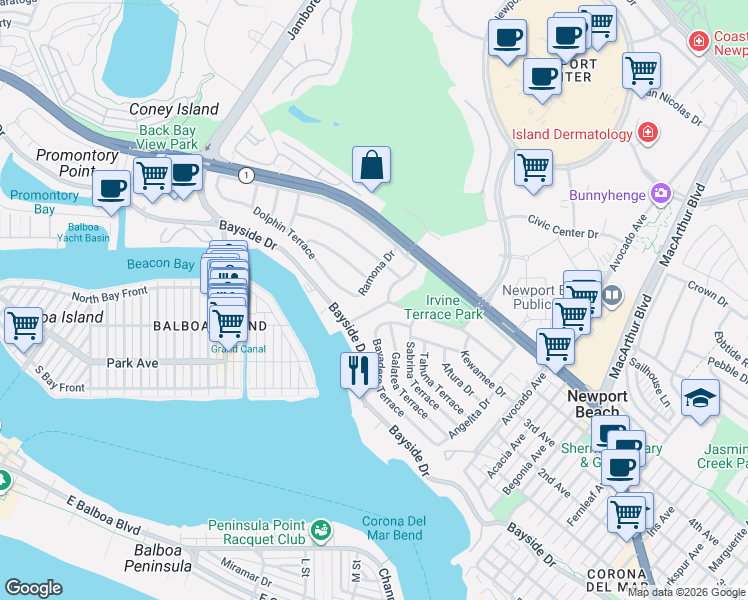 map of restaurants, bars, coffee shops, grocery stores, and more near 525 El Paseo Drive in Newport Beach