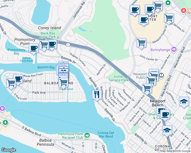 map of restaurants, bars, coffee shops, grocery stores, and more near 1601 Bayside Drive in Newport Beach