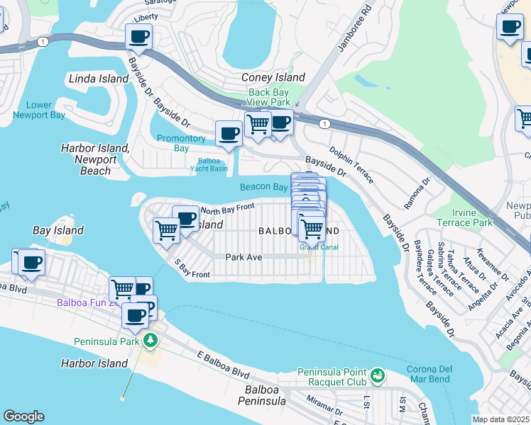 map of restaurants, bars, coffee shops, grocery stores, and more near 310 Coral Avenue in Newport Beach
