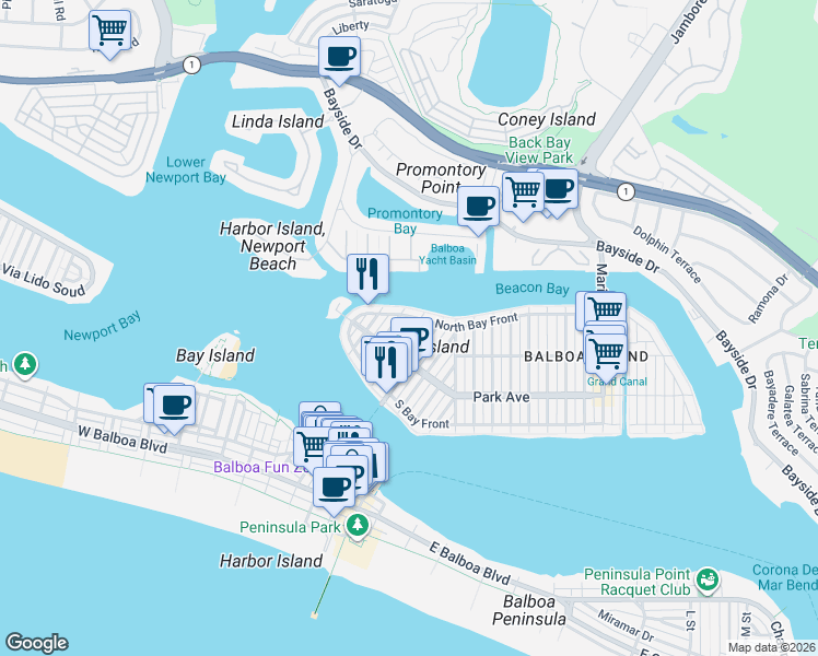 map of restaurants, bars, coffee shops, grocery stores, and more near in Newport Beach