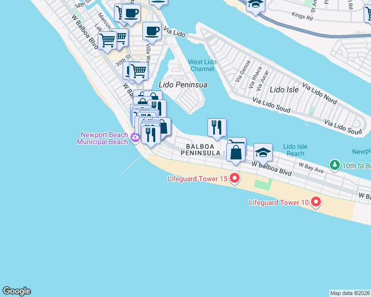 map of restaurants, bars, coffee shops, grocery stores, and more near 1811 West Balboa Boulevard in Newport Beach