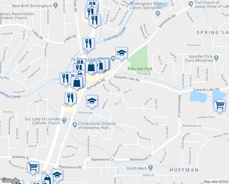map of restaurants, bars, coffee shops, grocery stores, and more near 833 Wear Drive in Birmingham