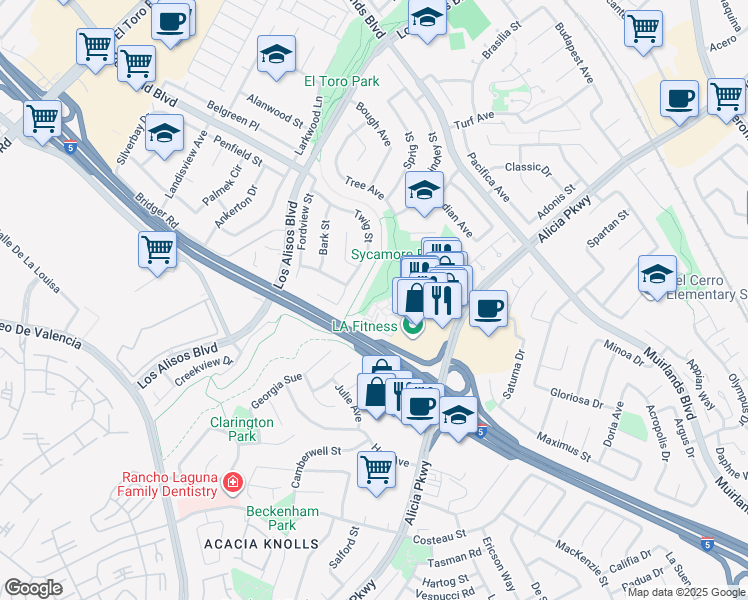 map of restaurants, bars, coffee shops, grocery stores, and more near 25162 Charlinda Drive in Mission Viejo