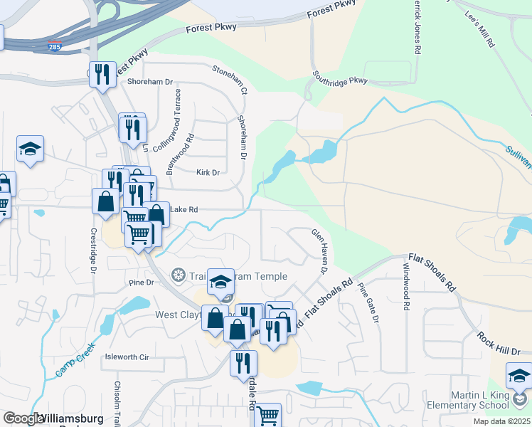 map of restaurants, bars, coffee shops, grocery stores, and more near 1176 Crystal Lake Road in Atlanta