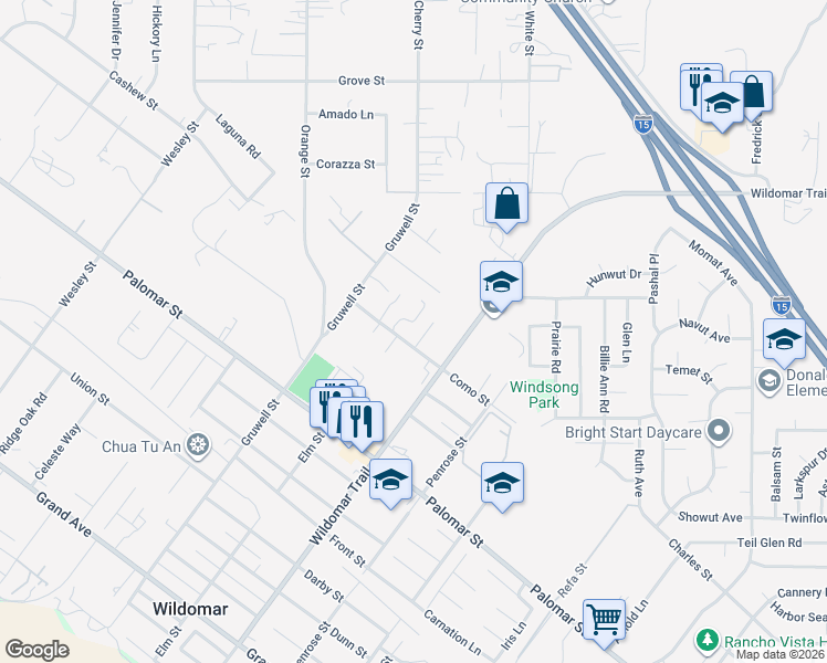 map of restaurants, bars, coffee shops, grocery stores, and more near 32045 Deseret Court in Wildomar