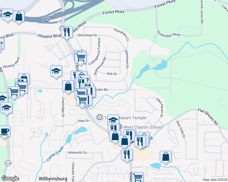 map of restaurants, bars, coffee shops, grocery stores, and more near 1302 Crystal Lake Road in Atlanta