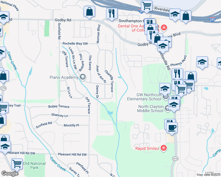 map of restaurants, bars, coffee shops, grocery stores, and more near 5325 Chantilly Terrace in Atlanta