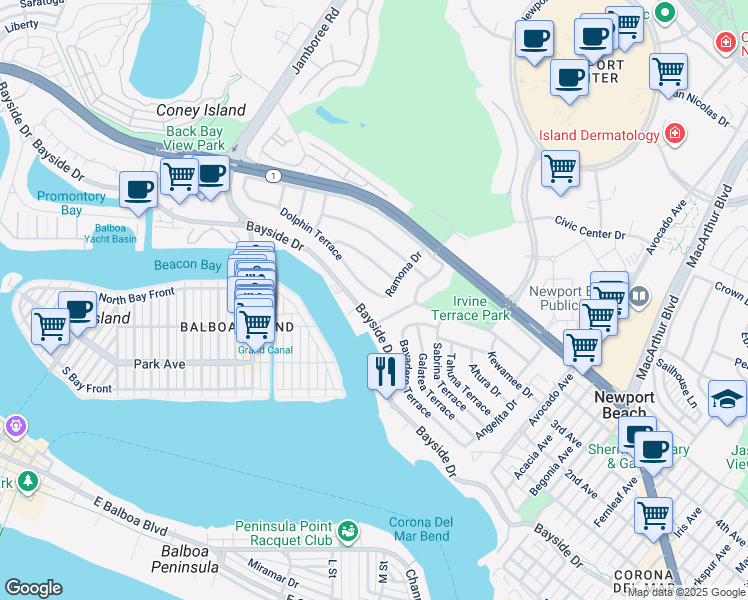 map of restaurants, bars, coffee shops, grocery stores, and more near 1535 Dolphin Terrace in Newport Beach