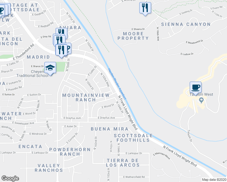 map of restaurants, bars, coffee shops, grocery stores, and more near 13415 North 103rd Way in Scottsdale