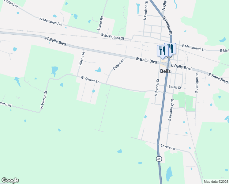 map of restaurants, bars, coffee shops, grocery stores, and more near 305 Shelby Trail in Bells