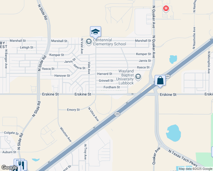 map of restaurants, bars, coffee shops, grocery stores, and more near 4621 Fordham Street in Lubbock