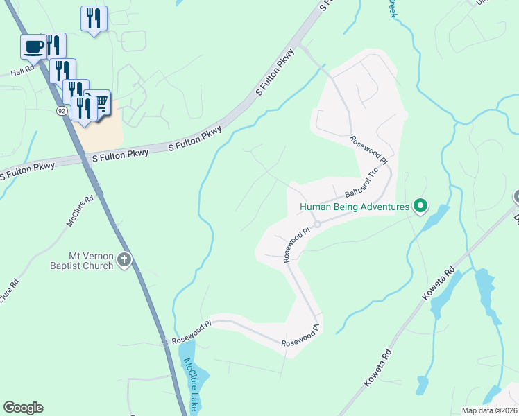 map of restaurants, bars, coffee shops, grocery stores, and more near Cog Hill Drive in Fairburn