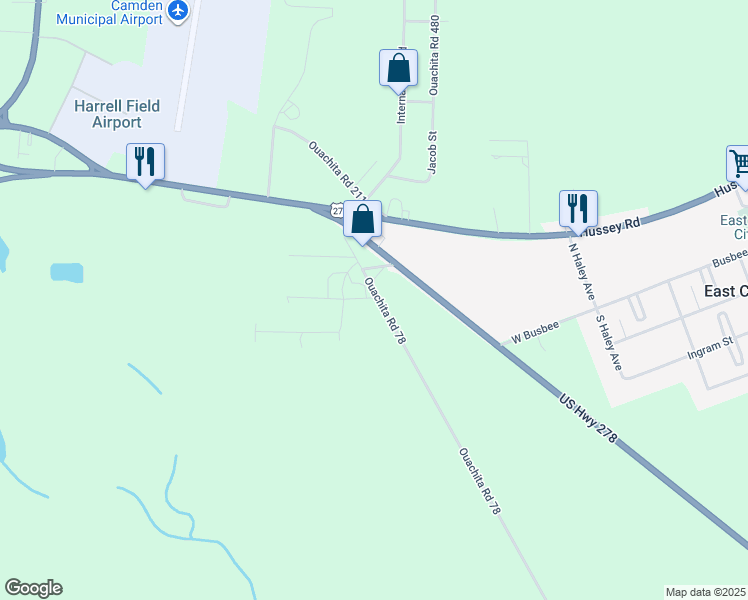 map of restaurants, bars, coffee shops, grocery stores, and more near 128 Ouachita 203 in Camden