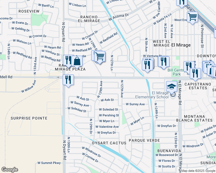map of restaurants, bars, coffee shops, grocery stores, and more near 12752 West Voltaire Avenue in El Mirage