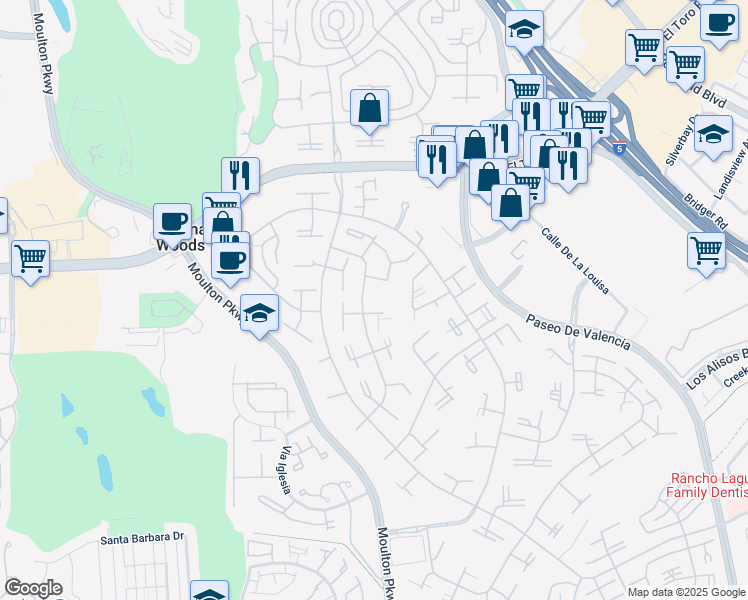 map of restaurants, bars, coffee shops, grocery stores, and more near 25 Avenida Castilla in Laguna Woods