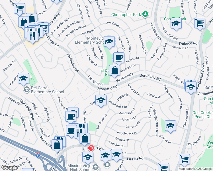 map of restaurants, bars, coffee shops, grocery stores, and more near 26442 Papagayo Drive in Mission Viejo
