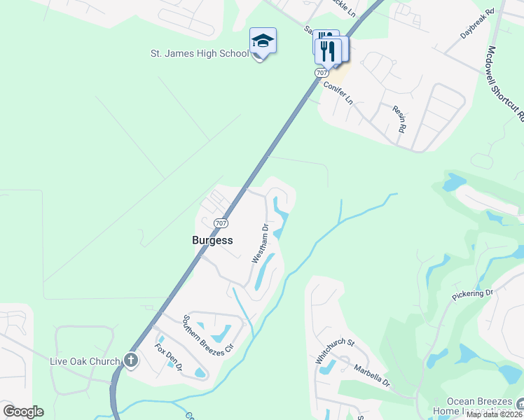 map of restaurants, bars, coffee shops, grocery stores, and more near 481 Westham Drive in Murrells Inlet