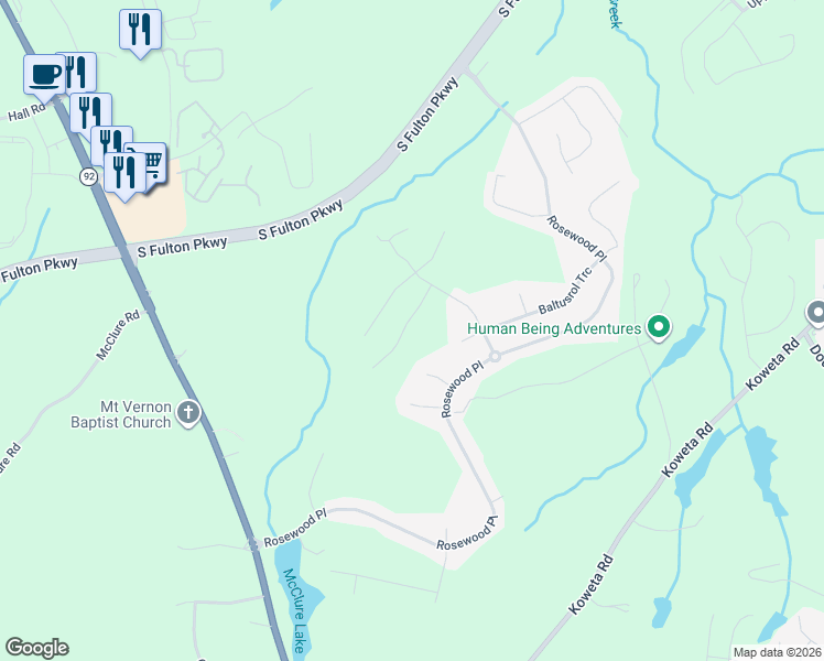 map of restaurants, bars, coffee shops, grocery stores, and more near 334 Cog Hill Drive in Fairburn